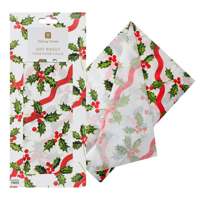 Holly White Christmas Tissue Paper - 4 Sheets
