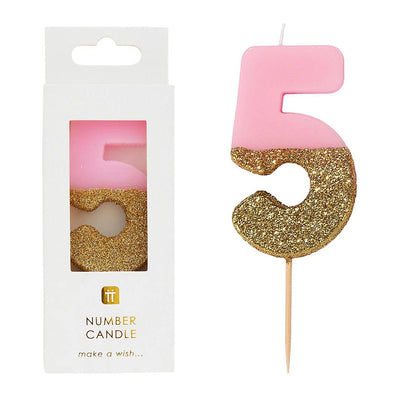 Pink Glitter Number Candle - 5