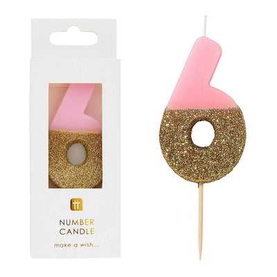Pink Glitter Number Candle - 6