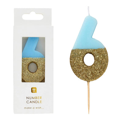 Blue Glitter Number Candle - 6
