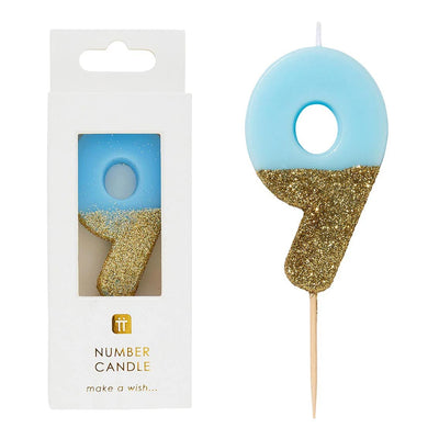 Blue Glitter Number Candle - 9
