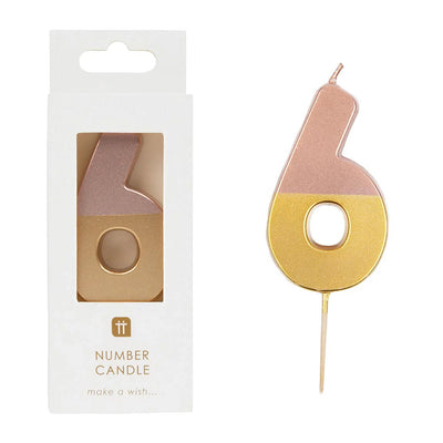 Rose Gold Dipped Number Candle - 6