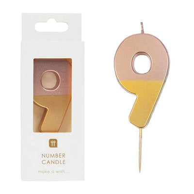 Rose Gold Dipped Number Candle - 9