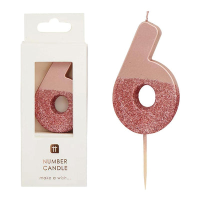 Rose Gold Glitter Number Candle - 6