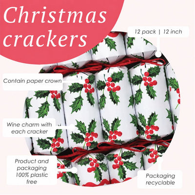 Holly White Christmas Crackers - 12 Pack | Christmas Decor |