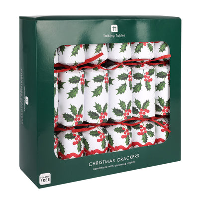 Botanical Holly White Christmas Crackers - 12 Pack