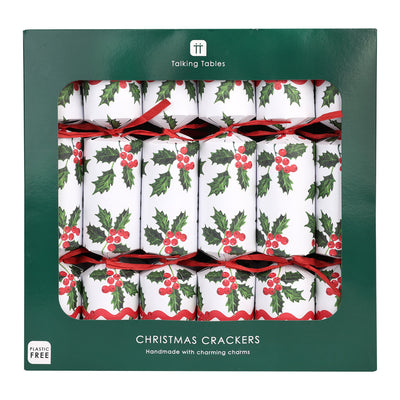 Botanical Holly White Christmas Crackers - 12 Pack