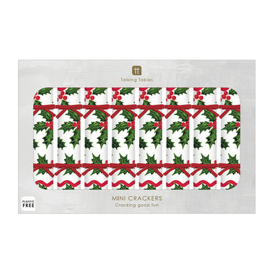 Holly Luxury White Mini Christmas Crackers - 8 Pack