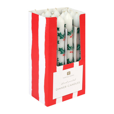 Holly Christmas Taper Dinner Candles - 12 Pack Display