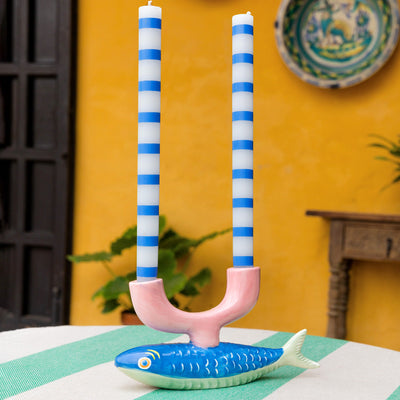 Blue & White Stripe Dinner Candles - Display | Summer Decor |
