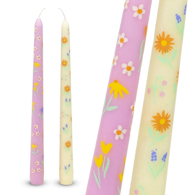 Floral Printed Pale Yellow & Pink Dinner Candles