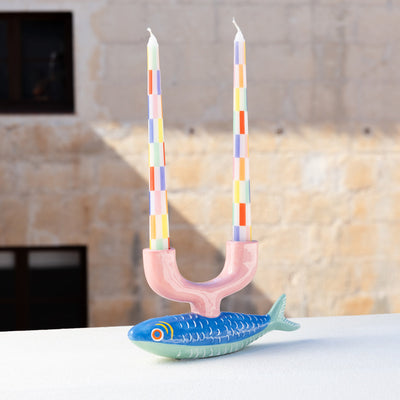 Multicolor Check Taper Candles - 2 Pack | Picnic Decor |