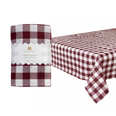 Burgundy & White Cotton XL Gingham Tablecloth - 160cm x 250cm | Autumn Decor |