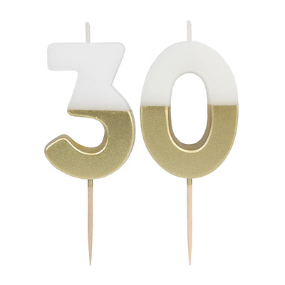 White & Gold Milestone Candle - 30 | Cake Candless |