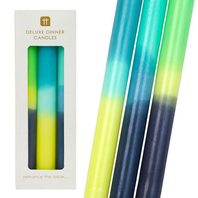 Marble 3 Tone Ombre Blue, Yellow and Green Dinner Candles - 3 Pack