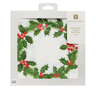 Botanical Holly Linen Feel Paper Napkins - 40cm, 20 Pack