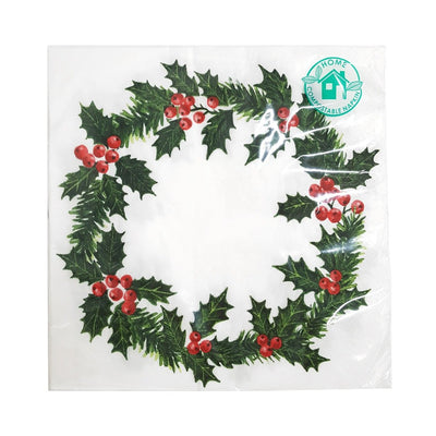 Image - Botanical Holly Holly Wreath Print Napkin, 40Cm, 20Pk, Home Compostable