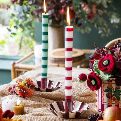 Burgundy & White Stripe Dinner Candles - Display | Home Decor |