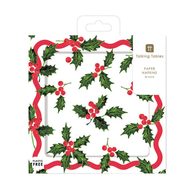 Holly White Christmas Paper Napkins - 20 Pack