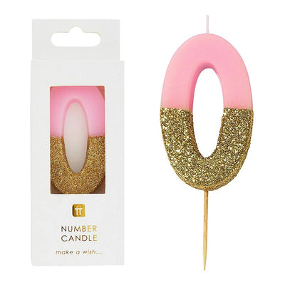 Pink Glitter Number Candle - 0