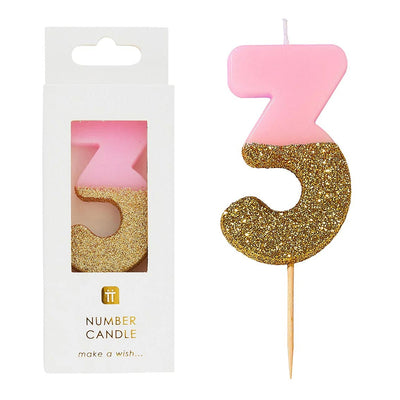 Pink Glitter Number Candle - 3