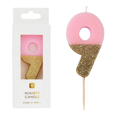 Pink Glitter Number Candle - 9