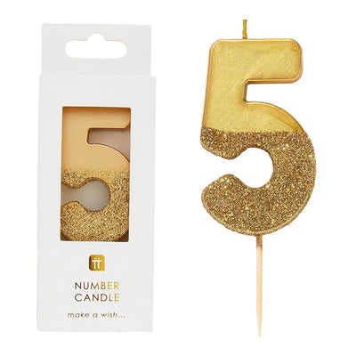 Gold Glitter Number Candle - 5