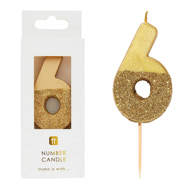 Gold Glitter Number Candle - 6