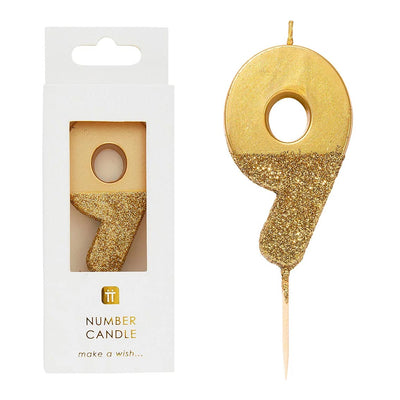 Gold Glitter Number Candle - 9