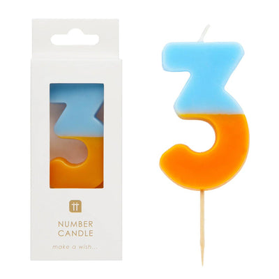 Orange and Light Blue Number Candle - 3