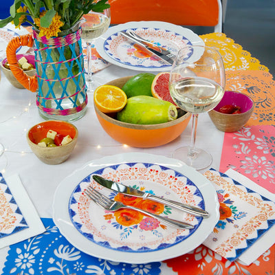Blue and Orange Floral Boho Party Plates - Pack of 10