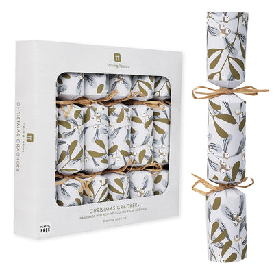 Botanical Mistletoe White Christmas Crackers - 6 Pack