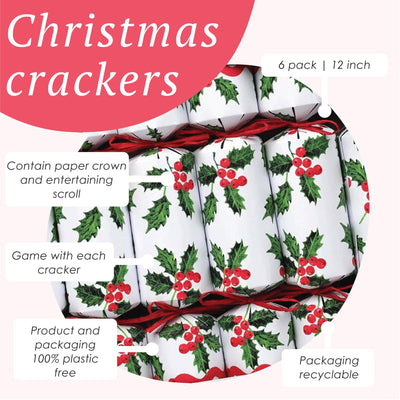 Botanical Holly White Christmas Crackers - 6 Pack