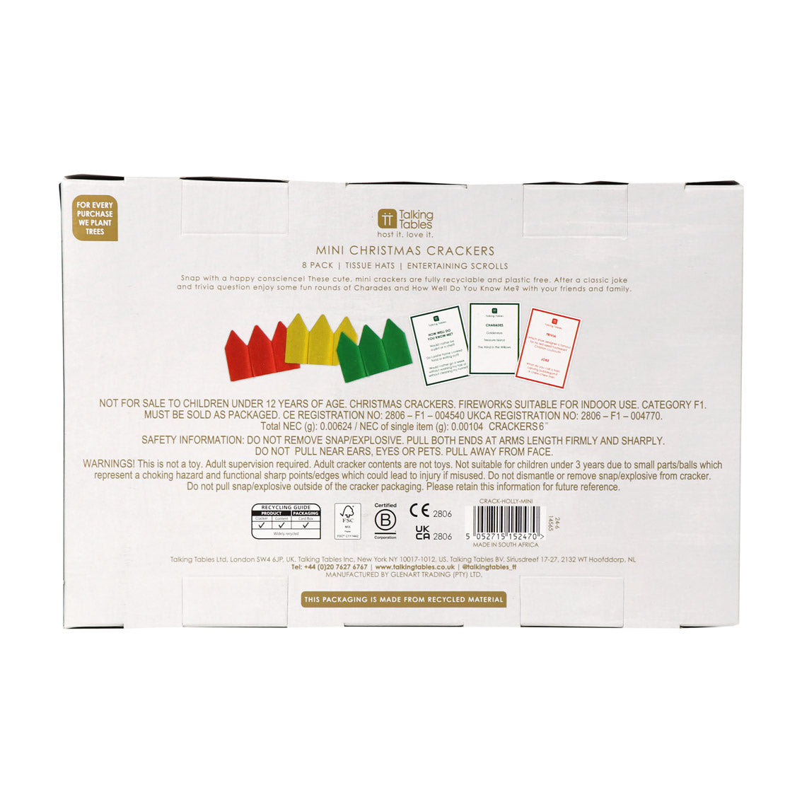 Botanical Holly White Mini Christmas Crackers - 8 Pack