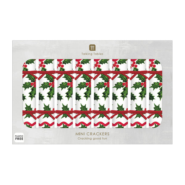 Holly Luxury White Mini Christmas Crackers - 8 Pack
