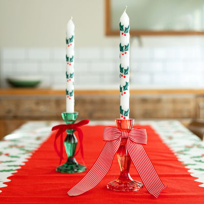 Holly Christmas Taper Dinner Candles - 12 Pack Display