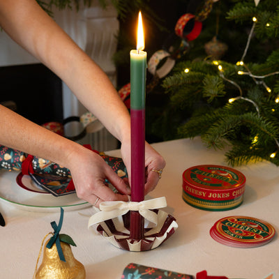 Burgundy Stripe Scalloped Candle Holder | Christmas |