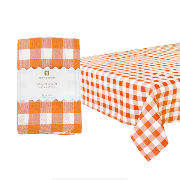 Bon Appetit Orange & White Fabric Gingham Tablecloth – Talking Tables ...