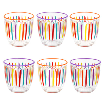 Bright Striped Multi-Coloured Glass Tumbler - 6 Pack