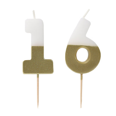 White & Gold Milestone Birthday Number Candle - 16