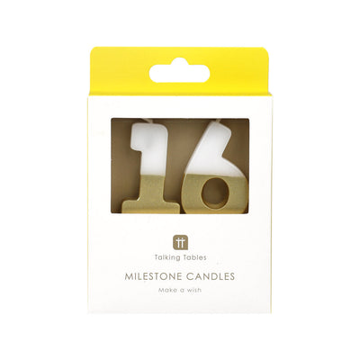 White & Gold Milestone Birthday Number Candle - 16