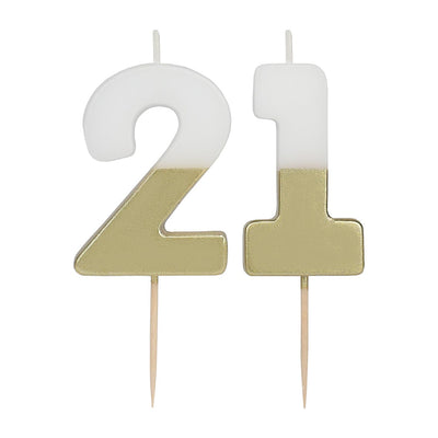 White & Gold Milestone Candle - 21 | Cake Candless |