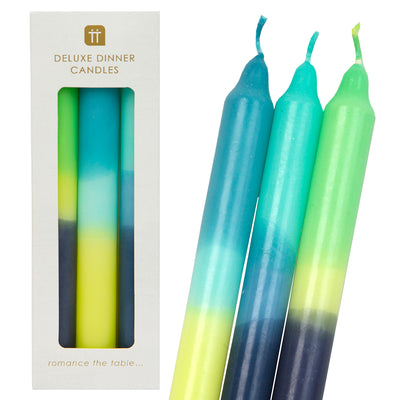 Marble 3 Tone Ombre Blue, Yellow and Green Dinner Candles - 3 Pack