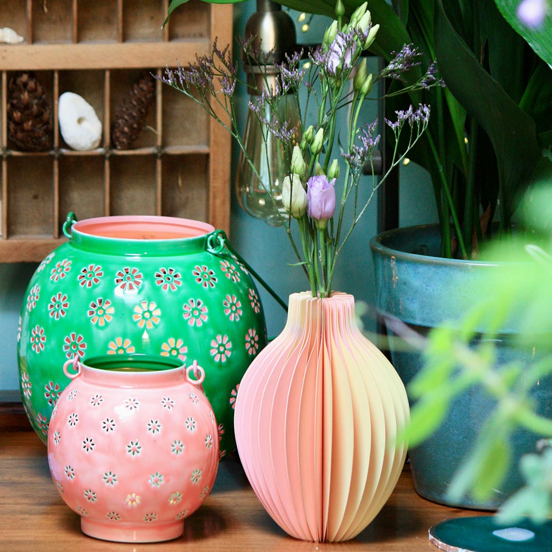 Metal Green & Pink Geometric Flower Lantern - Large