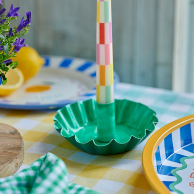Scalloped Green Metal Dinner Candle Holder