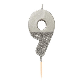 Silver Glitter Number Candle - 9