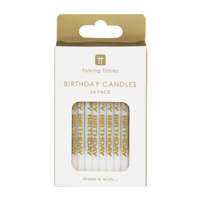 White & Gold 'Happy Birthday' Printed Candles - 24 Pack