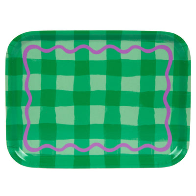 Everyone's Welcome Green Gingham Wooden Tray