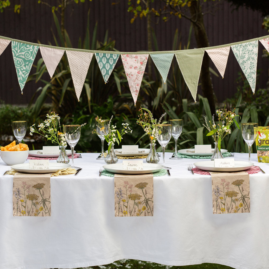 Natural Meadow Sage & Pink Upcycled Cotton Fabric Bunting - 3m