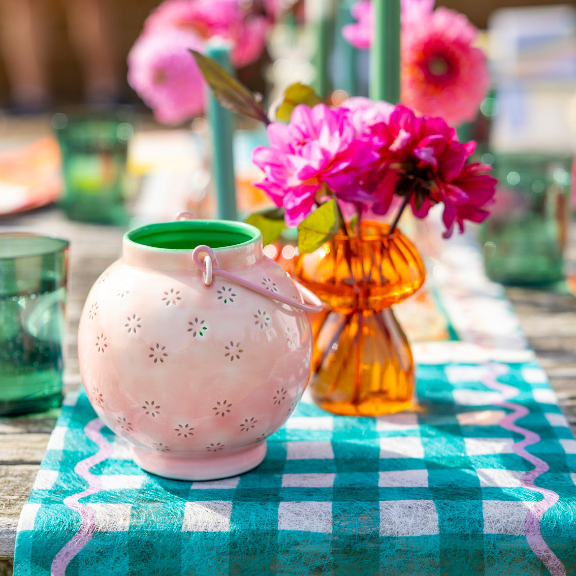 Metal Pink & Green Geometric Flower Lantern - Small